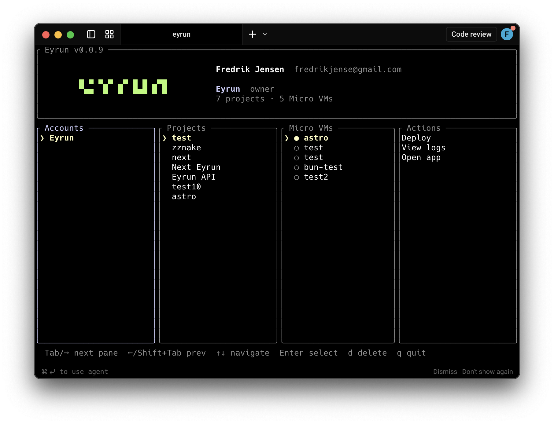 Eyrun TUI — account browser