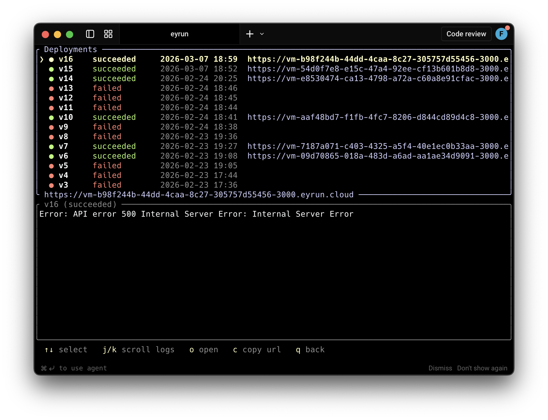 Eyrun deployments view